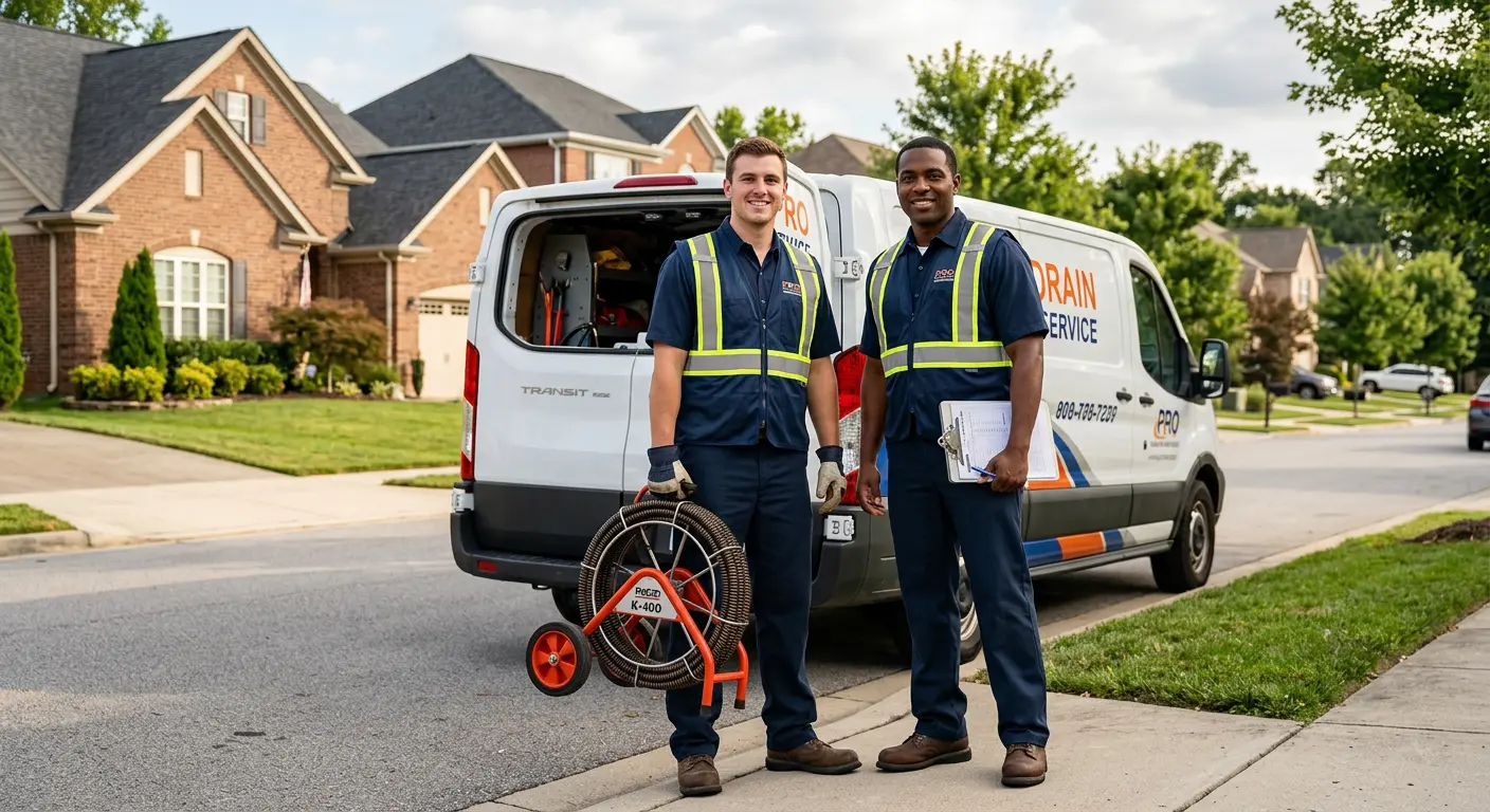 Sewer and drain service team with equipment ready for work in North Liberty