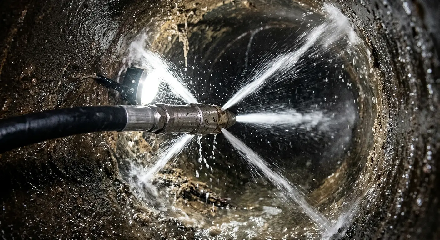 High-pressure hydro jetting nozzle cleaning sewer pipe for Trenchless Sewer Repair in North Liberty