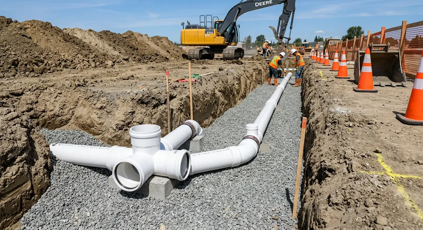 New PVC sewer pipe installation in open trench for Grease Trap Cleaning in North Liberty