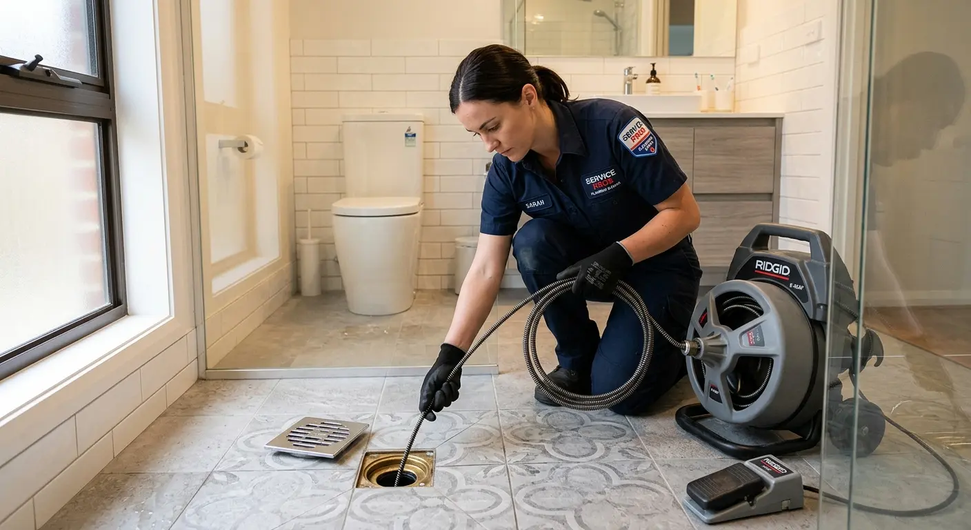 Technician clearing a bathroom floor drain for Drain Cleaning in North Liberty